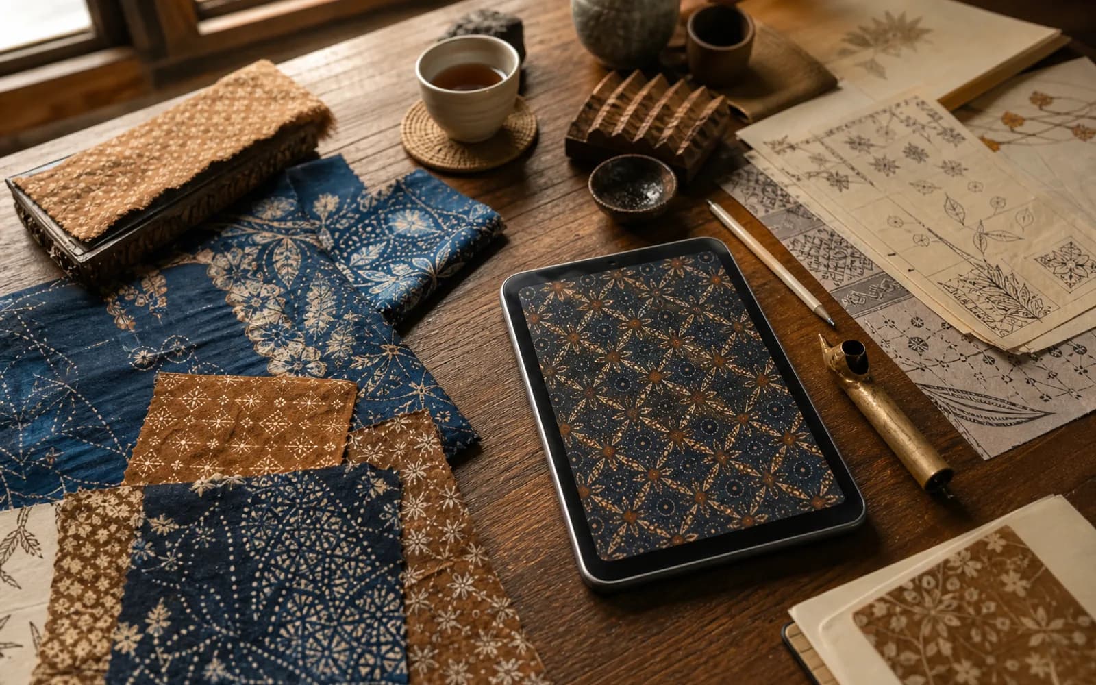 Meja studio Sekar di Yogyakarta — arsip pola batik dan swatch cetak